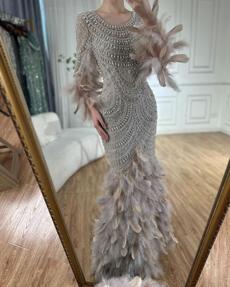 LA72736 Beaded Feathers, Dress Fancy, Fancy Dresses Long, My Wedding Dress, Floor Length Gown, Party Gown, Feather Dress, Mermaid Evening Dresses, A Wedding Dress