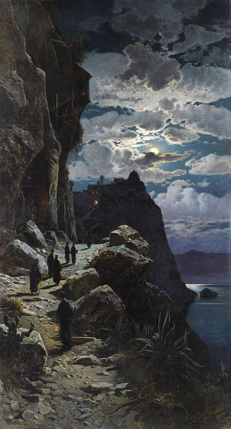 Nightly Walk of the Monks to the Mountain Monastery Athos' By Hermann Corrodi, 1888.