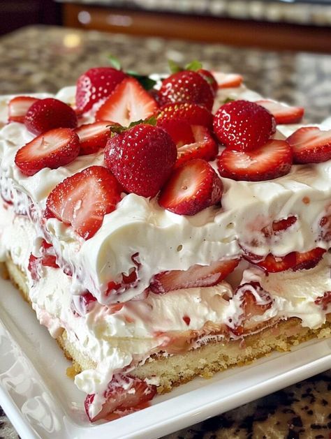 Strawberry Shortcake Icebox Cake Strawberry Cream Cheese Icebox Cake, Cream Cheese Icebox Cake, Strawberry Cream Cheese Filling, Strawberry Shortcake Cookies, Strawberry Icebox Cake, Icebox Cake Recipes, Strawberry Juice, Wafer Cookies, Strawberry Cream Cheese