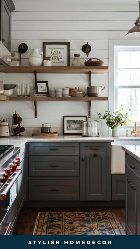 Modern Farmhouse Wallpaper Kitchen, Kitchen Tile Backsplash Ideas Farmhouse, White Shiplap Walls Kitchen, Kitchens With Shiplap Walls, Magnolia Kitchen Ideas, Ship Lap Kitchen, Shiplap In Kitchen, Shiplap Wall Kitchen, Farmhouse Kitchen Shiplap