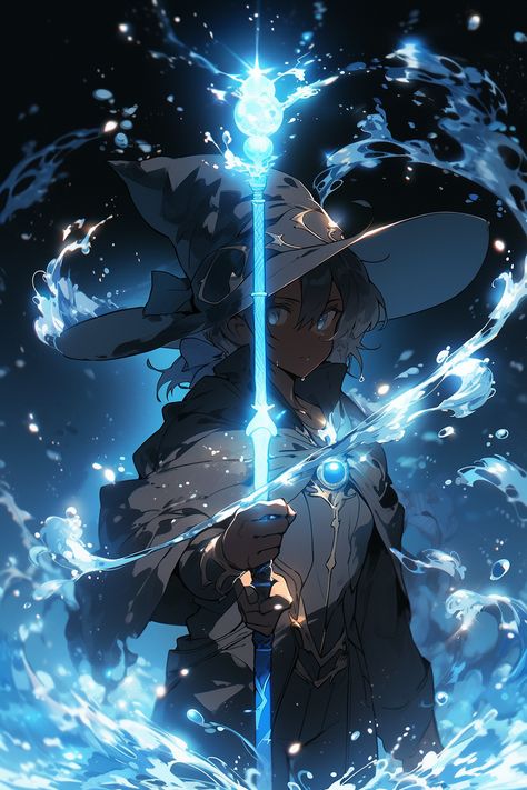 water mage controlling water Water Staff Magic, Water Powers Anime, Water Mage Character Design, Water Witch Character Design, Water Magic Art, Water Genasi Male, Ice Character Design, Elemental Wizard, Water Mage