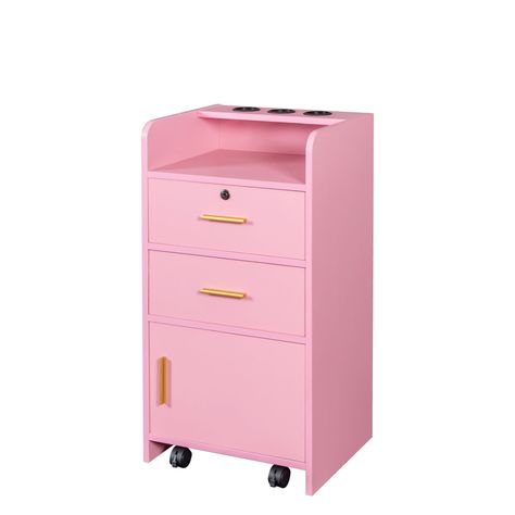 Product size: W16.93*D13.78*H31.10 Net weight: 39.68lbs Two enclosed drawers and a cabinet add storage space for various items and eliminate clutter from the desk Cabinet top with 3 round holes for hair dryer and other items  Overall simple atmosphere,… Beauty Salon Storage, Salon Storage, Locking Storage Cabinet, Salon Stations, Hair Dryer Holder, Accent Chests And Cabinets, Beauty Organization, Accent Doors, Accent Cabinet