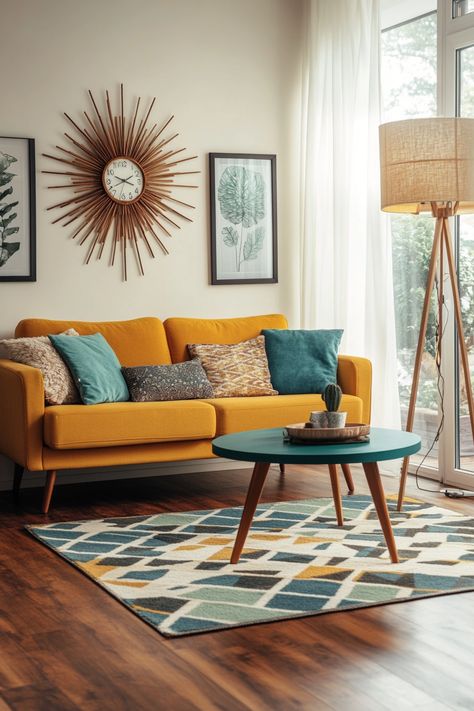 Transform your space with this vibrant living room decor! Featuring a bold mustard sofa, eclectic pillows, and unique wall art, this setup brings warmth and style. Add a geometric rug and wooden accents for a cozy yet chic look. #LivingRoomDecor #HomeStyle #InteriorDesign Mustard Yellow Living Room Decor, Teal And Mustard Living Room, Mustard Accent Wall, Mustard Living Room Decor, Mustard Sofa Living Room Ideas, Yellow Couch Living Room, Beyoncé Fashion, Mustard Living Room, Eclectic Pillows