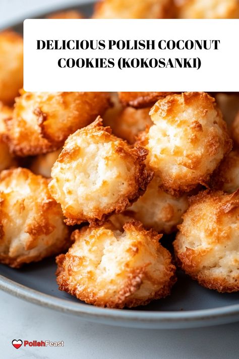 Indulge in the delectable charm of Polish Coconut Cookies, affectionately called “Kokosanki.” Crafted with humble ingredients such as desiccated coconut, sugar, and egg whites, these treats are a harmonious blend of crunchy exteriors and tender chewiness within. Savor the impeccable unity of texture and flavor in every delightful bite. Polish Desserts Easy, Pollock Recipes, Polish Cookies, Coconut Cookies Recipes, Coconut Macaroons Recipe, Polish Desserts, Polish Easter, Polish Christmas, Desiccated Coconut