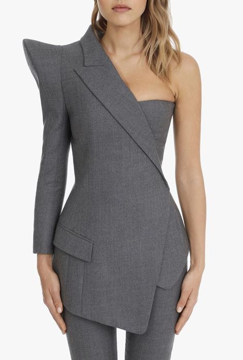 Gray Wool Asymmetrical Blazer for Women - Balmain.com Balmain Top, Classy Short Dresses, Blazer For Women, Elegant Outfit Classy, Corporate Wear, Fashion Top Outfits, Classy Dress Outfits, Dope Fashion, Classy Dress