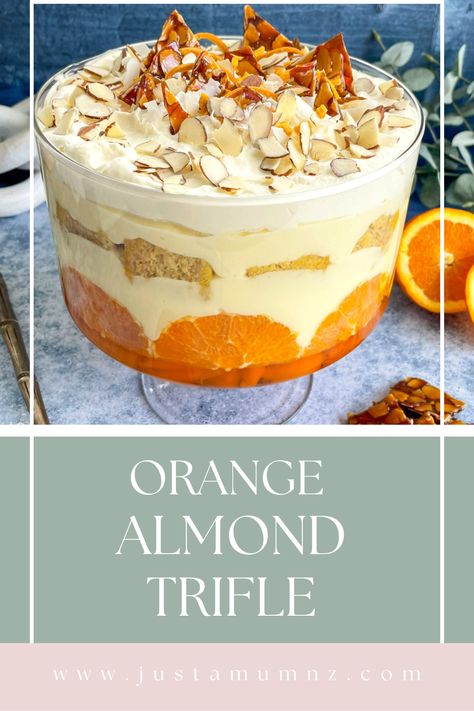 A delicious luxurious trifle filled with orange almond cake, jelly, mangos, custard, mascarpone and cream! A perfect Christmas Dessert Thanksgiving Trifle Recipes, Almond Trifle, Orange Trifle Recipes, Almond Orange Cake, Orange Trifle, Mango Trifle, Orange Custard, Christmas Trifle Recipes, Orange Almond Cake