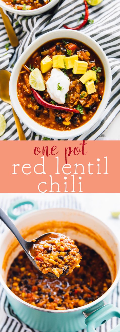 Red Lentil Chili, Lentil Recipes Healthy, Red Lentil Recipes, Chili Vegan, Red Lentil Soup Recipe, Nacho Fries, Lentil Chili, Chili Recipe Crockpot, Easy Vegetarian Dinner