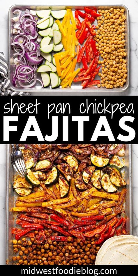 These quick and easy vegan Sheet Pan Chickpea Fajitas are a delicious weeknight dinner that comes together in under 30 minutes. Loaded with chickpeas, peppers, onions, and zucchini along with a signature fajita seasoning - this simple dinner will quickly become a family favorite. Chickpea Fajitas, Vegan Sheet Pan, Vegetarian Fajitas, Vegan Fajitas, Sheet Pan Dinners Recipes, Tasty Vegetarian Recipes, Sheet Pan Recipes, Vegan Dinner Recipes, Portobello