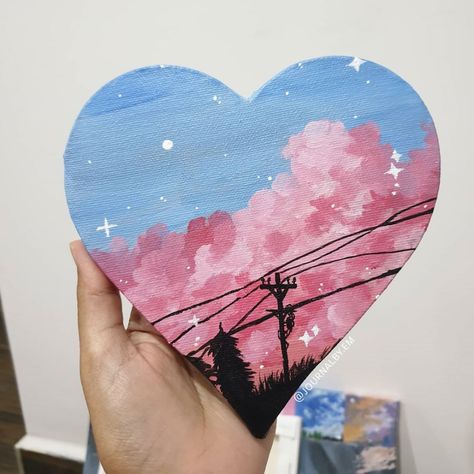 em | artjournal on Instagram: “How cute is this heart shaped canvas?🥺🤧💖 (also let me know if you'd like the process video for this one) . . . . . [ #artjournal…” Heart Canvas Art, Painting Clouds, Canvas Art Painting Acrylic, Acrylic Painting Ideas, Painting Aesthetic, Heart Canvas, Easy Canvas Art, Smart Art, Canvas Painting Designs