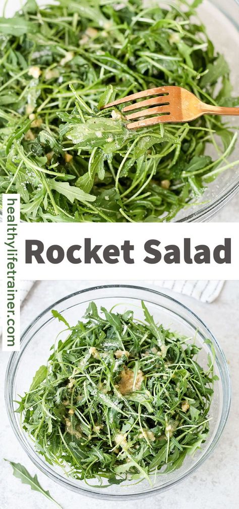 Rocket Salad is a simple side dish that is easy to make, delicious, and takes only five minutes to prepare. You can serve this salad with meat, chicken, fish, or pasta.This Rocket Salad will be your favourite way to eat arugula. It is a restaurant quality recipe. #Rocketsalad #easysalad #healthysalad #easysidedish Salad With Meat, Rocket Recipes, Rocket Salad, Pasta Salad Dressing, Space Food, Simple Dressing, Mind Diet, Meat Salad, Roasted Vegetable Recipes