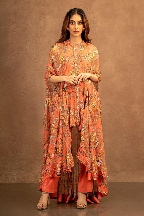 Indowestern Reception Outfit, Indowestern Coord Set Party Wear, Aza Fashion Outfits 2023 Suits, Bohemian Floral Print Palazzo Set With Traditional Drape, Orange Indo Western Outfits, Printed Indo Western Outfits, Asymmetrical Outfit, Kaftan Designs, Latest Bridal Dresses