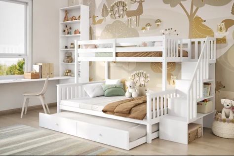 Smart Staircase, Bunk With Trundle, Triple Bunks, Bunk Beds Kids, Double Bunk Bed, Girls Rainbow Bedroom, Triple Bunk Beds, Rainbow Bedroom, Trundle Mattress