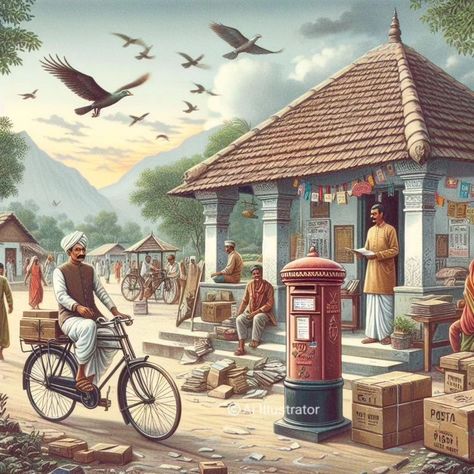 An Indian Village - Illustration !!! #illustration #Indian #village #old #nostalgia #postoffice #postman #retro #style #bicycle #posts #hashtag #instagood #instalike #instamood #instagram #calm #unique #ai_illustr8 #aiart #artworkbyai #concept Indian Village Illustration, Indian Post Office, Village Illustration, Illustration Indian, Old Post Office, School Illustration, Village Photos, Ancient Village, Rural India