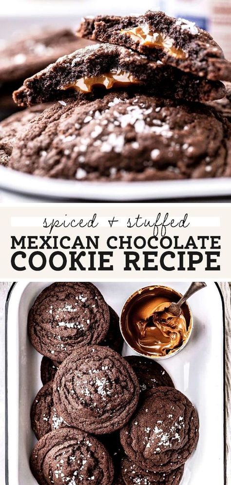 These simple Mexican chocolate cookies are stuffed with creamy dulce de leche! Spiced with cinnamon and cayenne pepper, these chocolate cookies have a slight kick and rich flavor. Spicy Mexican Hot Chocolate Cookies, Pinterest Baking, Mexican Chocolate Cookies, Mexican Hot Chocolate Cookies, Butternut Bakery, Mexican Cookies, Spicy Chocolate, Baking Stuff, Hot Chocolate Cookies