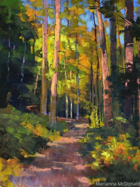 Painting : "Swift Creek Trail Light" (Original art by Marianna McDonald) Pastel Nature Art, Trees Painting Acrylic, Trail Painting, Forest Painting Acrylic, Looking Up Trees Painting, Oil Painting Forest Landscapes, Fall Forest Painting, Forest Path Painting, Landscape Oil Paintings Trees