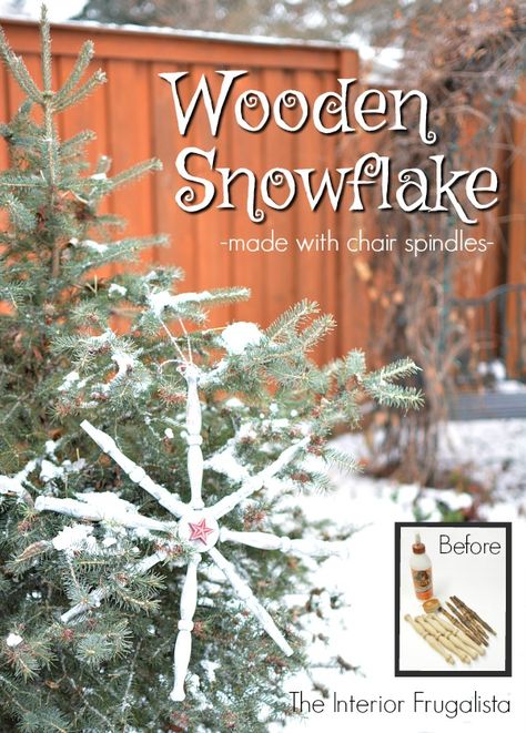 How to make a Wooden Snowflake Decoration from chair spindles | The Interior Frugalista Repurposed Wood Projects, Spindle Crafts, Wooden Snowflakes, Ornament Exchange, Snowflake Decorations, Christmas Projects Diy, Card Box Wedding, Snowflake Ornaments, Seasonal Crafts