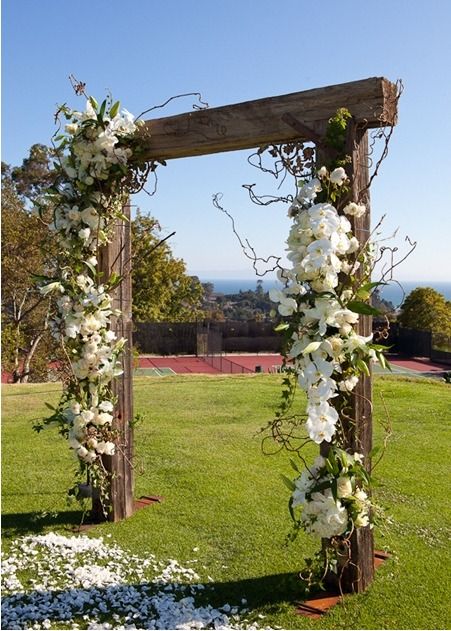 ＷＥＤＤＩＮＧ Floral Arch, jasmine and honeysuckle vines adorned with roses, hydrangea, orchids and lilies. Woods Wedding Ceremony, Wilderness Wedding, Wedding Ceremony Arch, Wooden Arch, Rose Decor, Ceremony Arch, Western Wedding, White Orchids, Country Club Wedding