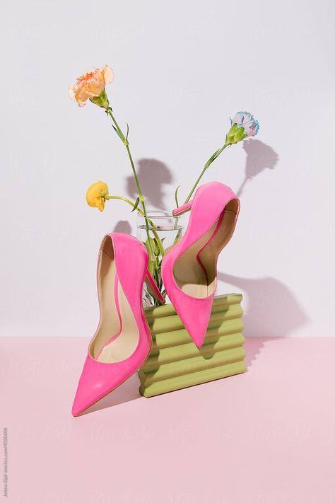 "Female High Heel Pink Sandals And Various Vibrant Blooming Flowers." by Stocksy Contributor "Jelena Sijak" - Stocksy Pastel Heels, Spring Heels, Flower Photoshoot, Grey Wall, Pink High Heels, Shoes Photography, Shoe Display, Pink Sandals, Flowers Green