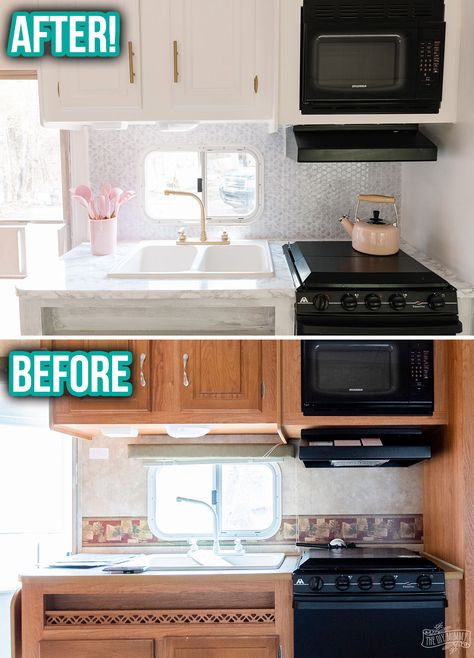 This camper kitchen counter area was completely made over with peel & stick tile back splash, contact paper counter, and spray paint! Rv Kitchen Remodel, Camper Kitchen, Camper Trailer Remodel, Tiny Camper, Diy Camper Remodel, Rv Makeover, Rv Kitchen, Travel Trailer Remodel, Rv Renovations