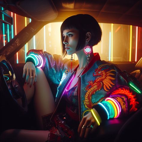 Asian Cyberpunk Fashion, Cyberpunk Style Outfit, Cyper Punk, Cyberpunk Aesthetics, Color Science, Cyberpunk Techwear, American Female, Inside The Car, Cat Anime