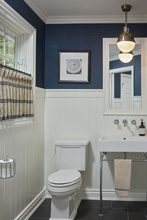 vertical shiplap Vertical Shiplap, Grey And White Bathroom, Navy Blue Bathrooms, Beadboard Bathroom, Navy Bathroom, Wainscoting Bathroom, Dining Room Wainscoting, Wainscoting Styles, Shiplap Bathroom