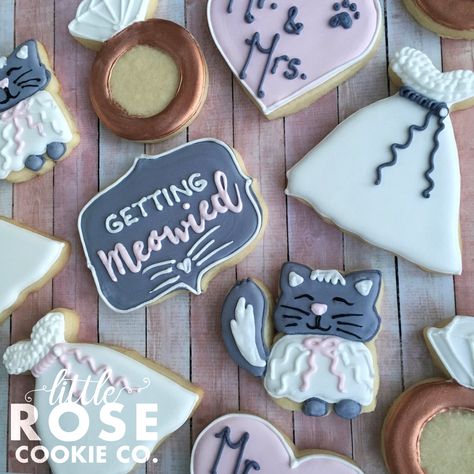 ‘Getting Meowied’ Cat Wedding Shower Sugar Cookies by Little Rose Cookie Co. Cat Wedding Cookies Decorated, Cat Bridal Shower Ideas, Cat Bachelorette Party Ideas, Meowied Bachelorette Party, Cat Themed Wedding Ideas, Cat Themed Bridal Shower Ideas, Cat Bridal Shower Theme, Cat Themed Bachelorette Party, Cat Bachelorette Party