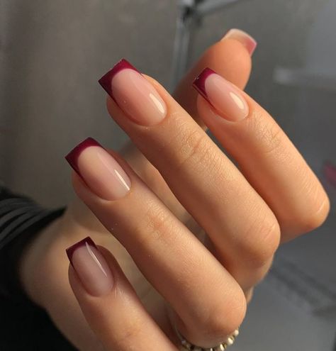 Discover 25 Stunning Burgundy Fall Nails Ideas - Designs, Colors, and Shapes for Every Style Autumn Biab Nails Square, Gel Mani Short Nails Fall Colors, Short Taper Square Nails, Cute Dark Red Nail Designs, French Color Nails Design, Simple Nails Burgundy, Square French Tip Acrylic Nails Color, French Nails With Burgundy, Square November Nails