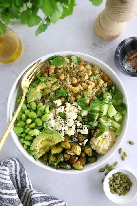 Green Goddess Quinoa, Green Beans Salad, Beans Salad, Salad Quinoa, White Bean Hummus, Roasted Broccolini, Quinoa Bowls, White Quinoa, Vegan Feta Cheese