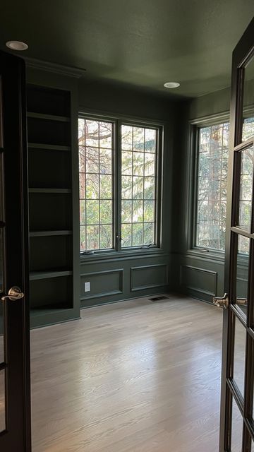 Library Room Ideas Dark Green, Moody Office With Couch, Black And Green Library, Emerald Green Library Room, Deep Green Library, Dark Green Moody Library, New York Home Office, All Green Library, Gloomy House Interior