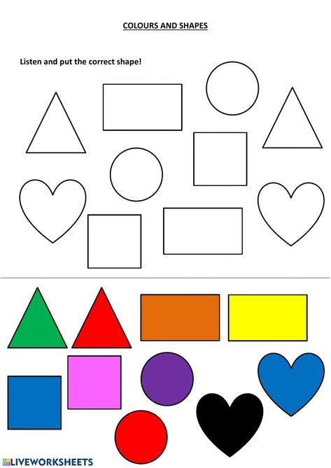 Color Shapes Worksheet, Shapes And Colors Worksheets, Color Worksheets For Preschool, Shapes Worksheet Kindergarten, Learn Shapes, Preschool Activities Toddler, Shapes Preschool, Shapes Worksheets, Shapes And Colors