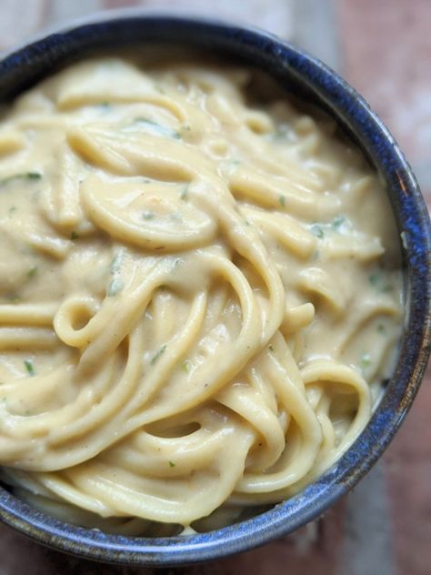 Vegan Almond Milk Alfredo Sauce (NO Cashews, Gluten Free) - The Herbeevore Almond Milk Cream Sauce, Almond Milk Alfredo Sauce, Milk Alfredo Sauce, Low Calorie Alfredo Sauce, Gluten Free Alfredo, Wfpb Sauces, Recipe With Almond Milk, Gluten Free Alfredo Sauce, Healthy Vegan Pasta