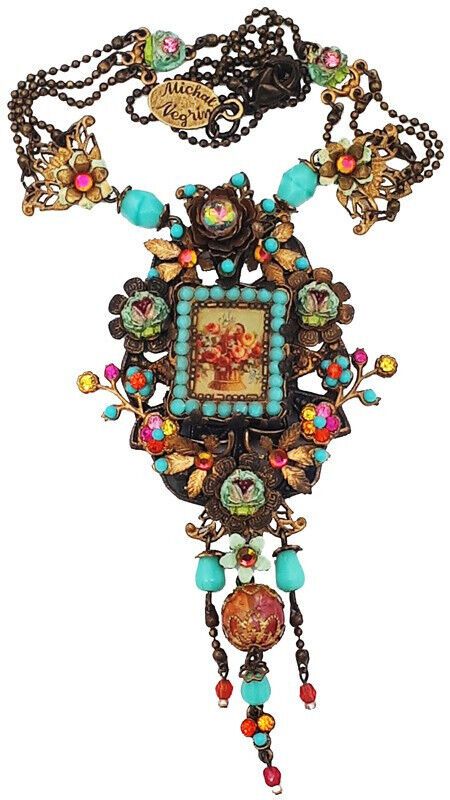 Michal Negrin pendant necklace. With a Victorian Roses rectangle cameo, multicolor sparkling Swarovski crystals, painted flowers and beads. The pendant is 3.75 inches long (including the dangling beads) and 2 inches wide. New in a gift box. For Michal Negrin items that can only be found in my eBay store, please visit AC Designer Outlet Combined shipping is only $5 for each additional item. Firefly Jewelry, Vintage Assemblage Jewelry, Found Object Jewelry, Vintage Jewelry Repurposed, Michal Negrin, Pretty Jewelry Necklaces, Crystals Beads, Talisman Jewelry, Whimsical Jewelry