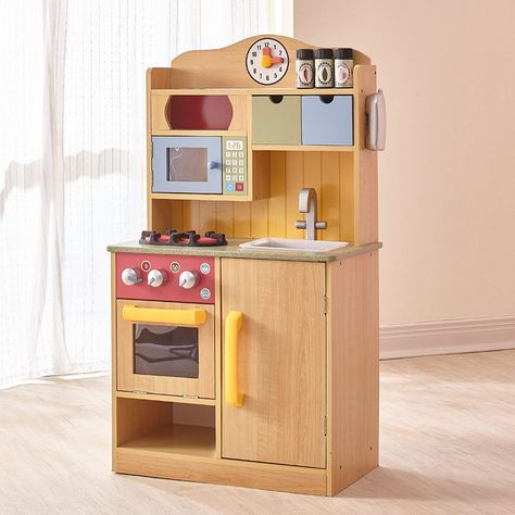 Play Kitchen with Accessories - over $30 off! Number of stars: 4.0 out of 5. Cook up the creation of your lifetime with Teamson Kids Play Kitchen. The kitchen with knobs that turn to provide like really operating a stove! Stove opens up with a bright yellow handle and two burners above are a great place to cook delicious soups or evening tea! Make sure not to get the sink filled with dishes that you make from taking contents out of the fridge below. There is also a microwave with stick on number Kids Wooden Kitchen, Wooden Kitchen Set, Kitchen Playsets, Wooden Toy Kitchen, Kitchen Cooker, Toddler Kitchen, Kitchen Sets For Kids, Toy Kitchen Set, Play Kitchen Accessories