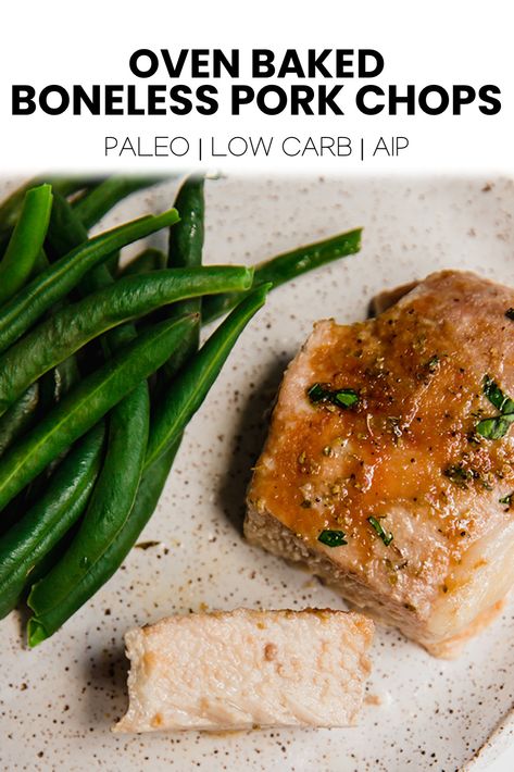 Aip Dinner Recipes, Pork Chops In The Oven, Baked Boneless Pork Chops, Aip Dinner, Lemon Garlic Shrimp Pasta, Slow Cooker Pork Tenderloin, Sweet Potato Fries Baked, Paleo Main Dishes, Autoimmune Paleo Recipes