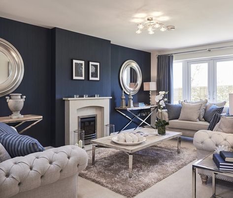 This beautiful lounge is in our Mayfair show home at Fallows Park in #wynyard. Visit this week and start the New Year in style with a new Story Home #StoryHomes #MyStoryHome #fallowspark #wynyard #lounge #livingroom #interiordesign #interior #showhome #northeast How To Arrange Living Room, Blue Walls Living Room, Navy Living Rooms, Furnitur Ruang Keluarga, Blue Living Room Decor, Living Room Arrangements, Living Room Color Schemes, Cosy Living Room, Design Salon