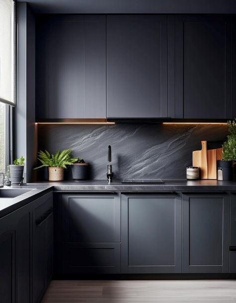 Charcoal Gray Backsplash Dark Grey Wall Kitchen, Charcoal Tile Backsplash, Black Backsplash With Grey Cabinets, Black Kitchen With Grey Countertop, Dark Gray Countertops Kitchen, Charcoal Grey Cabinets, Dark Grey Kitchen Ideas, Gray Countertops Kitchen, Charcoal Kitchen Cabinets