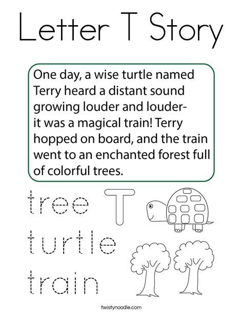 Letter T Story Coloring Page - Twisty Noodle Homework Letter, Letter T Crafts, Letter T Activities, Letter A Coloring Pages, Phonics Free, Twisty Noodle, Kindergarten Letters, Tracing Worksheets Preschool, Alphabet Worksheets Preschool