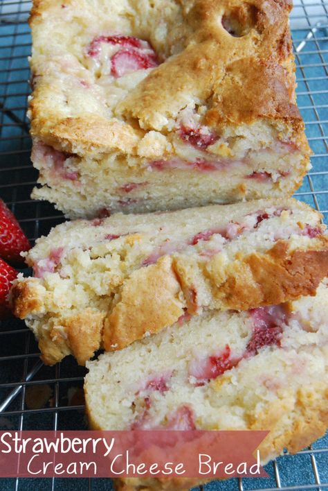 ***** 11/22/13 - This recipe yielded enough batter for 2 loaves of bread (I have a medium sized  bread pan.  Quite easy to make, and very moist and tasty.  I will definitely make the again, as a thank you gift. ~MSD ***********  Strawberry Cream Cheese Bread Savory Strawberry Recipes, Cream Cheese Bread, Biscuits Graham, Strawberry Bread, I'm Fat, Sweet Foods, Blueberry Bread, Strawberry Cream Cheese, Strawberry Cream