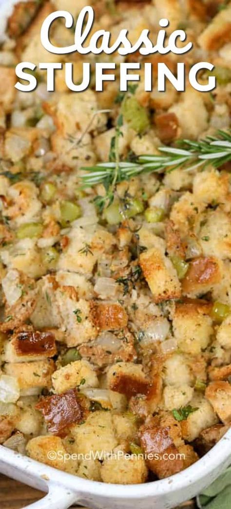 This easy stuffing recipe is the perfect side dish for any holiday or Thanksgiving dinner! Stuffing is one of my favorite dishes! #spendwithpennies #stuffing #stuffingrecipe #turkeystuffing #turkeydinner #thanksgiving Baked Stuffing, Quick Thanksgiving Recipes, Classic Stuffing Recipe, Classic Stuffing, Easy Stuffing Recipe, Newfoundland Recipes, Thanksgiving Planning, Bread Dressing, Thanksgiving Food Sides