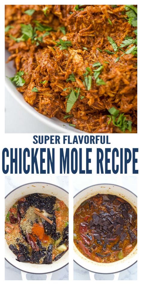 This Chicken Mole recipe is the ultimate combination of dried chili peppers, garlic, tomatoes, almonds, raisins, and Mexican chocolate for one epic bite. If you're looking for a chicken recipe that packs a punch of flavor this mole is it - use it in tacos, enchiladas, salads, etc. #molerecipe #authenticmole #chickenmole #easychickenrecipe #chickendinner #howtomakemole #fromscratch Mole Recipe Mexican, Mexican Gorditas, Mexican Chicken Mole, Mole Chicken, Chicken Mole Recipe, Mole Recipe, Healthy Eats Recipes, Dried Chili Peppers, Chicken Mole