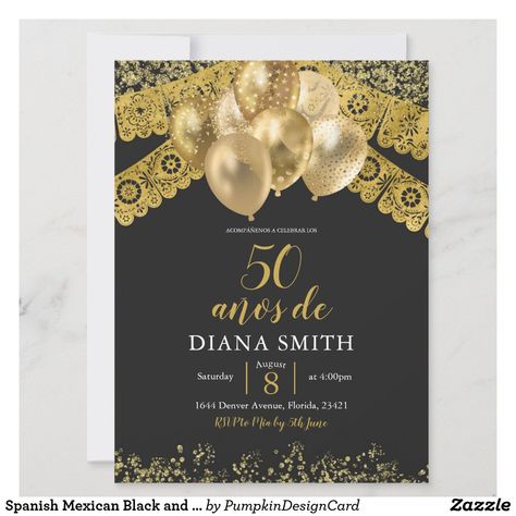 Spanish Mexican Black and Gold Birthday Party Invitation Black And Gold Birthday Party, Spanish Invitations, Black And Gold Invitations, Black And Gold Birthday, Digital Invitations Design, Surprise Birthday Invitations, Balloon Invitation, Mexican Birthday, 50th Birthday Invitations