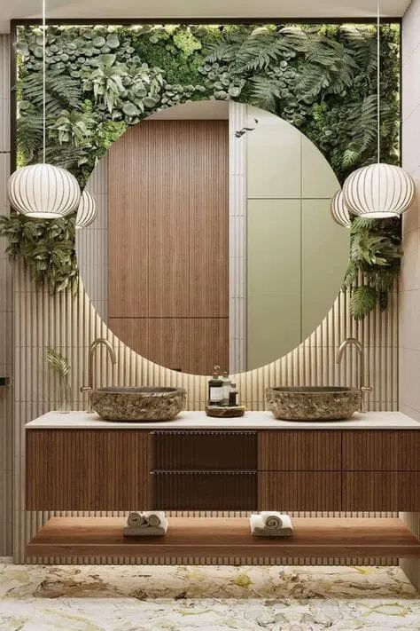 Bathroom With Plants, Modern Organic Bathroom, Organic Bathroom, Luxurious Bathrooms, Bathrooms Design, Wallpapers Black, Tropical Bathroom, Restroom Design, Framed Mirrors