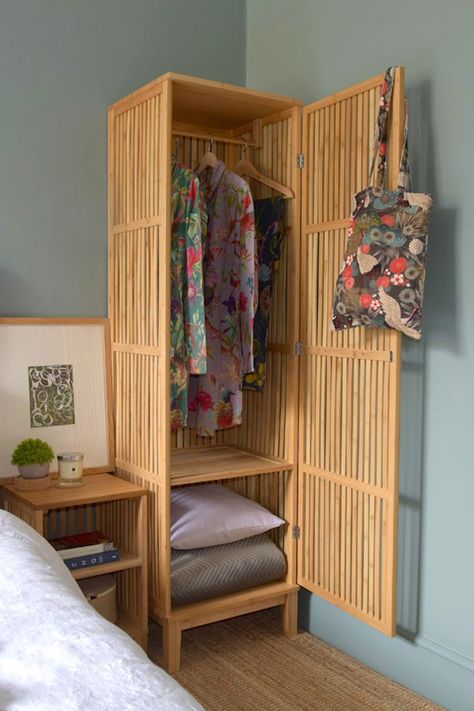 Futon Company Suratto Bamboo Wardrobe Japanese Bedroom Ideas Small Spaces, Japanese Futon Bedroom, Bamboo Wardrobe, Bedroom Japandi, Small Space Storage Bedroom, Bamboo Bedroom, Japanese Inspired Bedroom, Small Closet Storage, Creating A Capsule Wardrobe