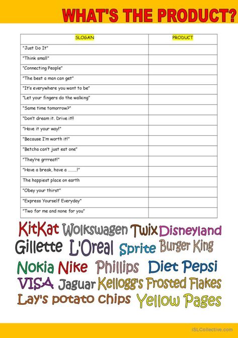 Social Media Worksheet, Activities For High School Students, Product Slogans, Current Events Worksheet, Media Literacy Lessons, School Slogans, Activities For High School, Persuasive Techniques, Marketing Activities