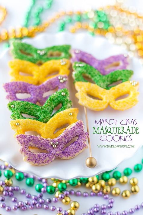 MARDI GRAS MASQUERADE SUGAR COOKIES Mardi Gras Cookies, Mardi Gras Desserts, Beginning Of Lent, Mardi Gras Masquerade, Carnival Decorations, Mardi Gras Food, Spritz Cookies, Mardi Gras Party, King Cake