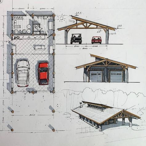 Wood Houses, Architectural Design House Plans, Architecture Design Sketch, Architecture Design Drawing, Architecture Ideas, Interior Sketch, Bmw X1, Garage Plans, Beautiful Spaces