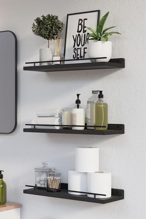 Modern Black and White Kitchen Elegance: WOPITUES Floating Shelves

#modernkitchen #blackandwhitekitchen #floatingshelves #elegancedecor #savvyfinds Black And White Bathrooms Decorations, Black Shelves For Bathroom, Black And White Bathroom Shelves, Bathroom Accessories Ideas Decor, Bathroom Shelving Ideas, Modern Black And White Kitchen, Black Bathroom Shelves, Metal Guardrail, White Bathroom Shelves