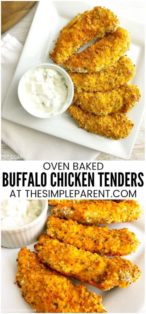 Buffalo Baked Chicken Tenders - These easy chicken strips are a healthy alternative to fried chicken nuggets. You make these homemade chicken fingers in the oven! If you like Panko bread crumbs, you'll love these! This chicken dinner recipe is better than in a restaurant, and is a much healthier recipe!  via @thesimpleparent Baked Buffalo Chicken Tenders, Homemade Chicken Fingers, Buffalo Chicken Tenders, Fried Chicken Nuggets, Chicken Finger Recipes, Panko Chicken, Baked Buffalo Chicken, Baked Chicken Tenders, Chicken Tender Recipes