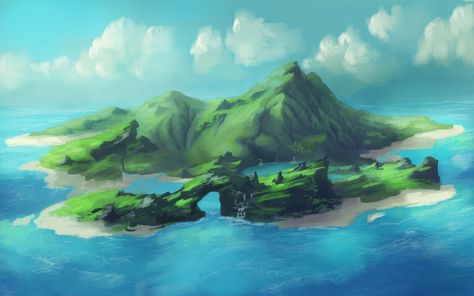 Volcano Island Concept Art, Volcano Island Fantasy Art, Anime Island Background, Dnd Island Art, How To Draw An Island, Fantasy Island Art, Island Fantasy Art, Island Reference, Island Concept Art