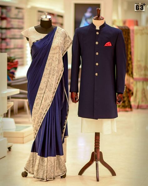 Navy Blue Couple Outfits Wedding, Designer Saree For Bride, Designer Couple Outfits, Saree For Bride, Groom Indian Wedding Outfits, Western Formal Wear, Marriage Outfit, Western Formal, Reception Couple